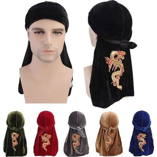 Fashion Mens Chinese Dragon Pattern Velvet Durags Bandanas Headwear Men Turban Hat Headband Hair Accessories Waves Cap