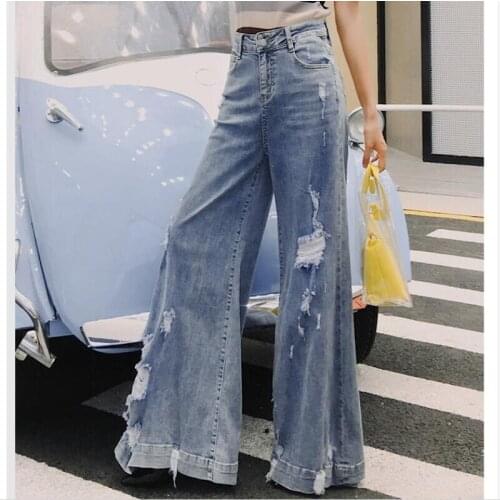 Fashion Ripped Blue Y2K Flare Jeans For Girls Female 2021 Casual Womens Vintage Denim Pants High Waisted Trouser Harajuku Capri