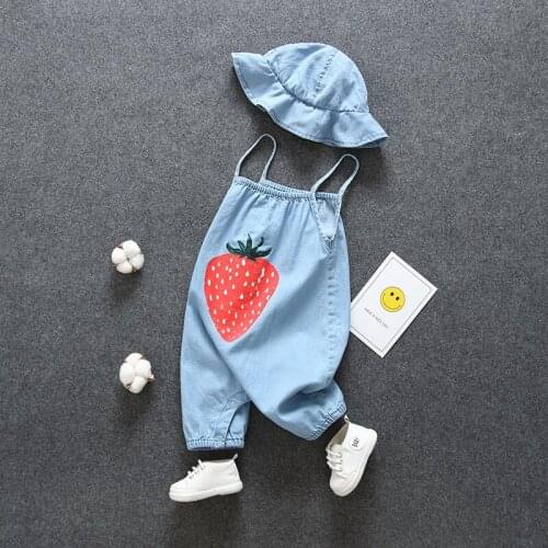 Fashion Summer jumpsuit baby outfit suspenders Sweet baby girl Bib short with hat Cartoon Strawberry Clothes toddler romper