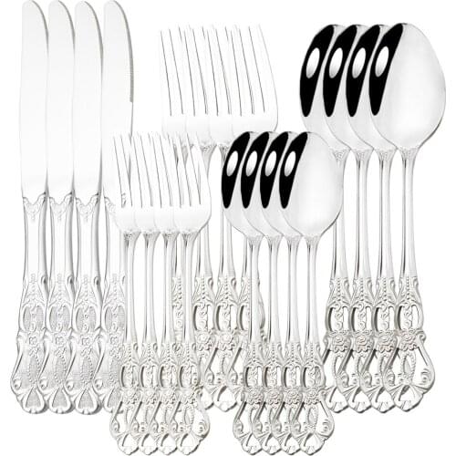 Vintage Royal Silver Dinnerware Stainless Steel Set Mirror Spoons Forks Knives Ice Cream Spoon Silverware Wedding Tableware Gift