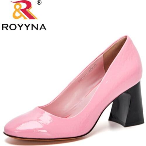 ROYYNA 2021 New Designers Geniune Patent Leather Round Toe Pumps Women Dress High Heels Boat Wedding Shoes Ladies Zapatos Mujer