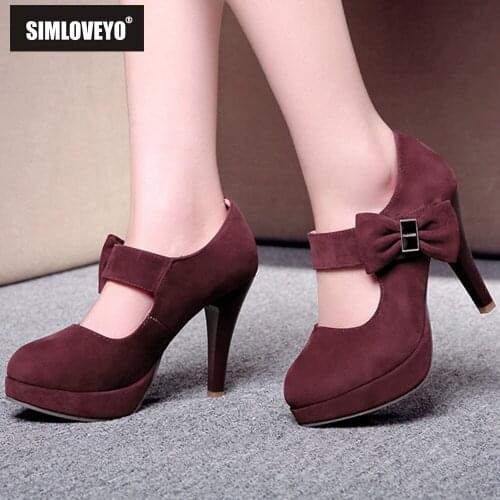 SIMLOVEYO Women New 2021 Pumps Round Toe 10cm Block Heels Nubuck Buckle Bowtie Stylish Sweet Simple Big Size 42 Casual A3653