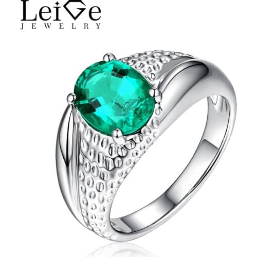 Leige Jewelry Emerald Ring Solitaire Green Gemstone 925 Silver Wedding Rings for Women Oval Cut Christmas Gift May Birthstone