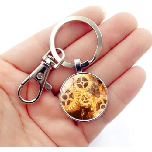 WG 1pc Retro Gear Sports Pendant Keychain Steampunk Cabochon Time Gem&stone Keyring For Women Car Bags Jewelry Accessories