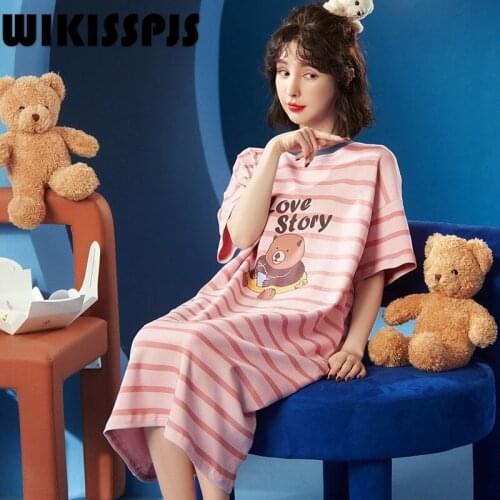 WIKISSPJS 2021 Summer New Round Neck Short Sleeve Cotton Nightdress Womens Simple Bear Stripe Casual Home Wear Women Sleepwear