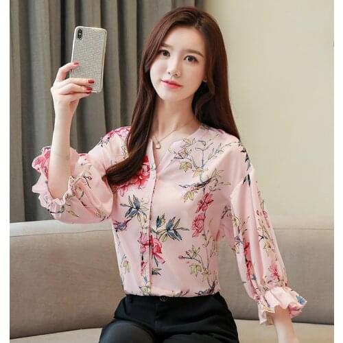 Sweet printed silk chiffon shirt women summer new style lantern sleeve ladies temperament mulberry silk top summer