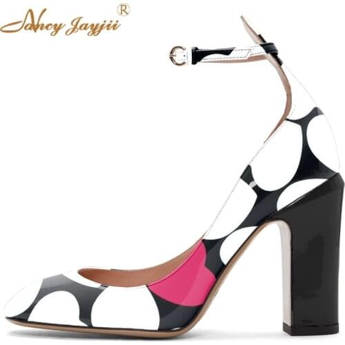 2021 High Square Heels sandals Patent Leather Ankle Strap Printed Woman Shoes Round Toe Leather Pumps Dance Dress Spring 16