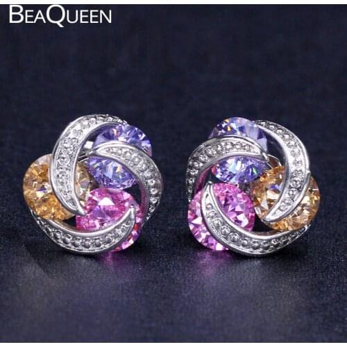 BeaQueen 2021 New Korean Fashion Jewellery Purple Pink Champagne 3 Round Multicolor CZ Crystal Stud Earrings for Women E164