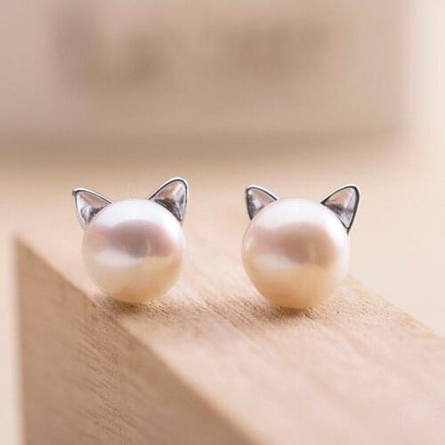 Newest Pearl Cat Stud Earrings Jewelry for Women Girl Pendientes Plata Brincos