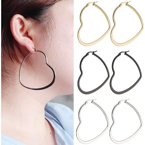Heart Hollow Stainless Steel Hoop Earrings for Women Punk Exaggerated Big Heart shaped 30-60mm Fashion Ear Jewelry
