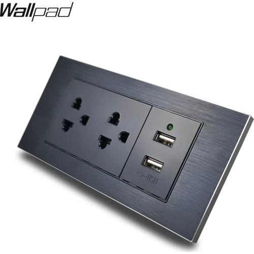 153*75mm 2 US Wall Socket with USB Wallpad L3 Black Aluminum Panel Double US Power Outlet with 2 USB Charger 9M