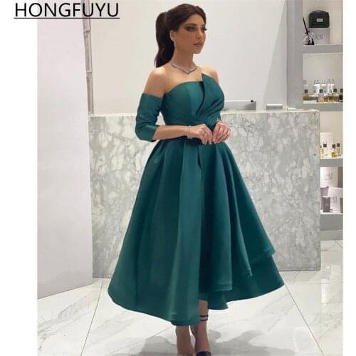 HONGFUYU Satin A Line Dark Green Prom Evening Dresses Separate Sleeves Tea Length Saudi Arabic Party Gowns robes de cocktail