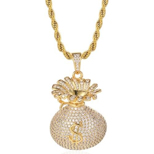 Hip Hop Prong Setting AAA CZ Stone Bling Iced Out Dollars Money Bag Pendants Necklaces for Men Rapper Jewelry Gold Silver Color