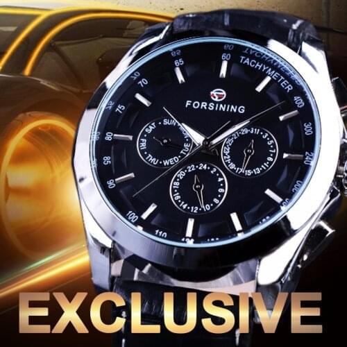 Forsining 3 Dial 6 Hands Men Watches Business Genuine Leather Strap Black Watch Top Brand Luxury Automatic Watch