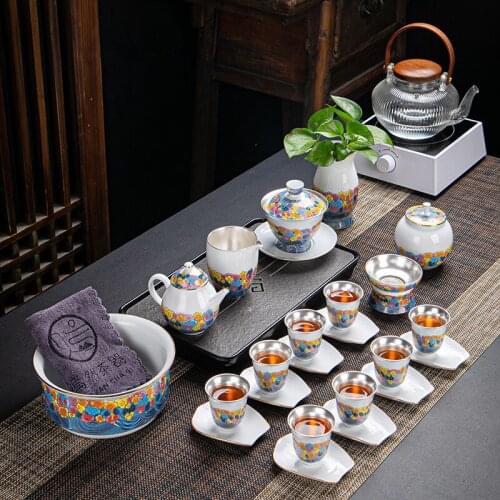 Colored silver tea set pure silver inner bile high-end teapot home office set kung fu tea cover bowl