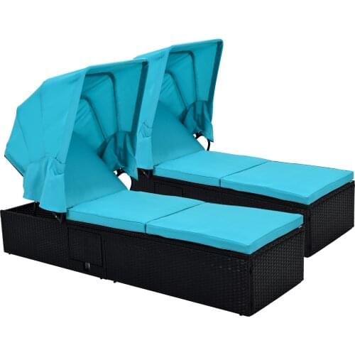 2 Person Double Chair Folding Beach Recliner with Retractable Canopy and Cup Table