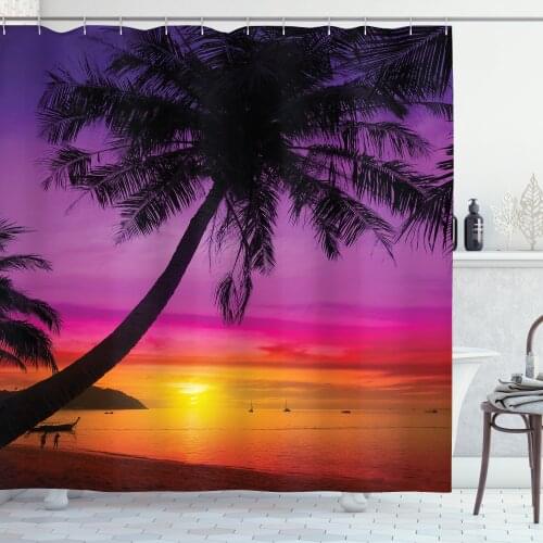 Purple Beach Shower Curtain Set Palm Tree on Ombre Color Change Curtain for Bathroom 12 Hooks Cortinas de Baño וילון אמבטיה