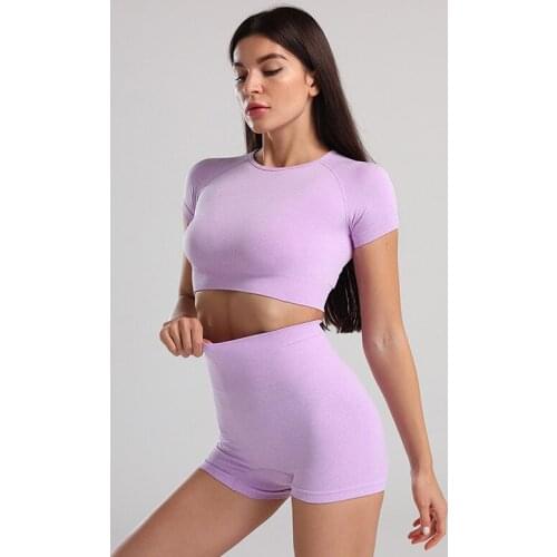 2 Piece Seamless Yoga Set Women Workout Gym Clothing Fitness Shorts+Short Sleeve Cropped Sport Shirt Sports Suit Sportswear