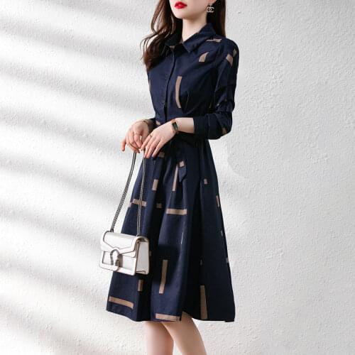 Belt Thin Shirt Medium Length Dress 2021 Spring Party Lady New Style Temperament Simple Lapel Contrast Geometric Vestidos Plaid