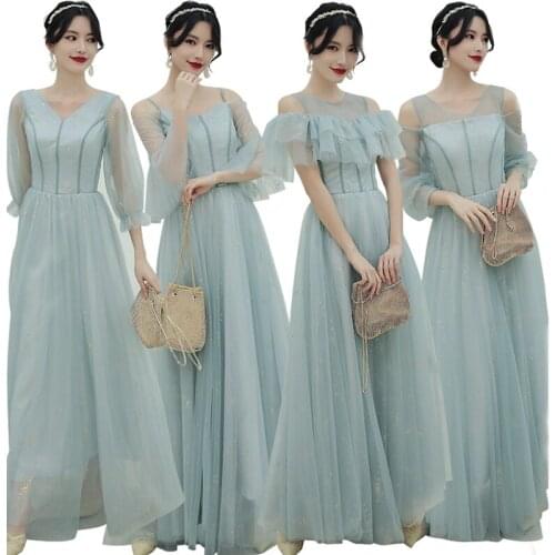 Bridesmaids Dresses Illusion A-Line Short O-Neck Lace Tulle Sequined Off The Shoulder Floor-Length Women Wedding Party Gown E697