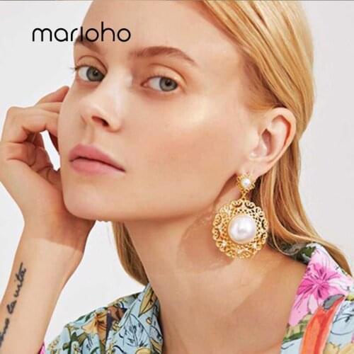 Marioho Metal Three-dimensional Hollow Texture Large Pearl Earrings Womens Popular Street Style Catwalk Earrings