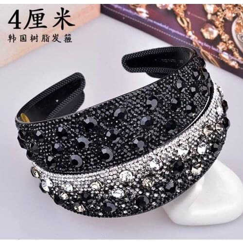 Fashion Wide Side 4CM Crystal Rhinestone Headband Full Diamond with Tooth Card Popular Headband Slip Point Design