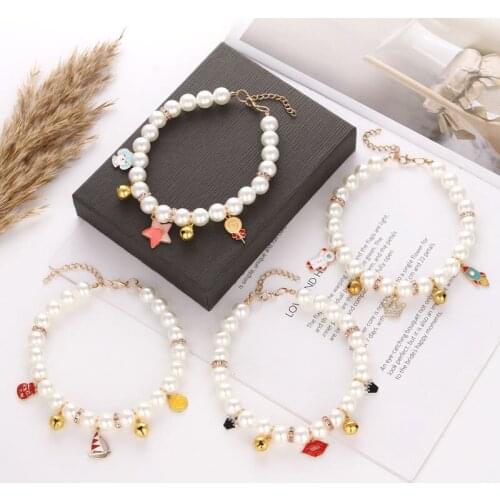 Fashion Pet Pearl Necklace Exquisite Handmade Bell Cat Collar Adjustable Cartoon Necklace For Dog Cat Cute Decorate Pet Supplies