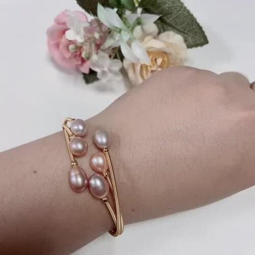 Fashion Natural Freshwater Pearl With Three Beads Gold Bangle Charm Bracelet For Girls And Women
