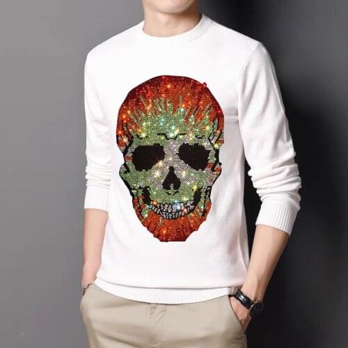 Mens Sweater Top Quality Spring Knitted Slim Fit Suitable for Winter Youth Wool Hot Rhinestone Skull Black Knitweat 2021New