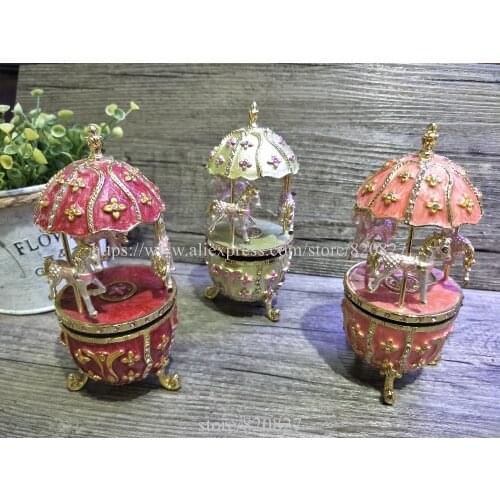 New Vintage Egg Shaped Music Box Faberge Style Egg Music Box - Pewter Figurine, Musical Egg Jewelry Box with Horses