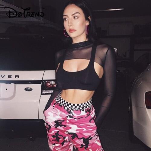 Sexy Transparent Hollow Out Summer Women T Shirt Turtlenec Long Sleeve Crop Top Streetwear Black Mash Sheer See Through Tee 2019