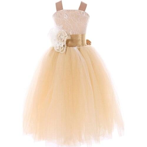 Pageant Wedding Dresses for Girls Kids Champagne Long Tulle Crossed Back Bow Feather Sash Fluffy Children Formal Vestido