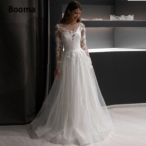 Booma Sparkling Tulle Wedding Dresses Lace Appliques Long Sleeves Bridal Gown Beach Back Button Illusion Vestido De Noiva Boho