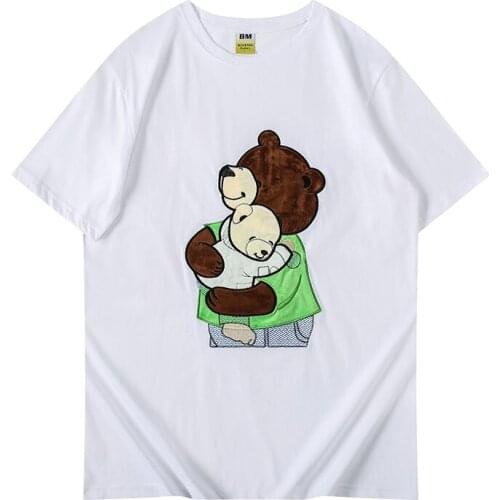 Embroidery Bear Casual Men T-Shirt Summer Drop Shoulder Loose Male T shirt High Street Oversize T-shirt Cotton Pure Tees 5 Color