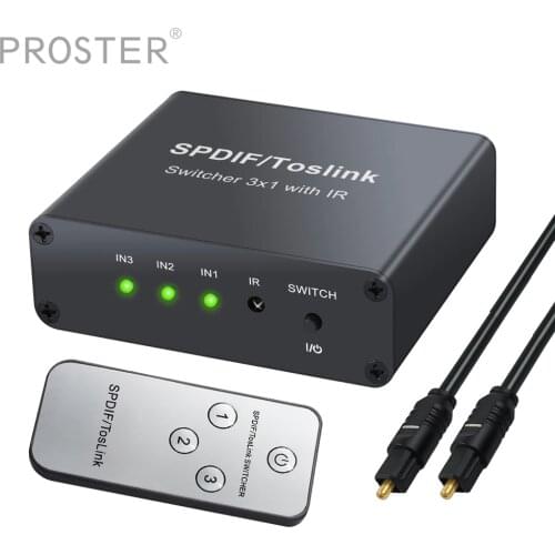 Proster 3x1 Switch Remote Control SPDIF TosLink 3 In 1 Out Splitter Digital Optical Audio Switcher Support for LPCM2.0 DTS AC3