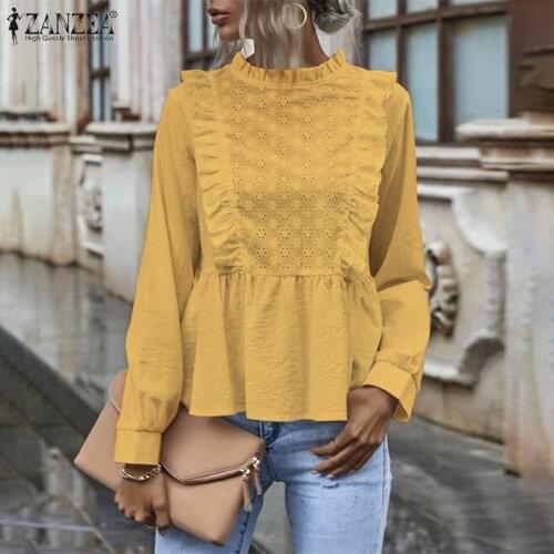 ZANZEA Elegant Women Ruffles Shirt Spring Fashion Long Sleeve Blusas Office Lady Lace Crochet Blouse Solid Work Tops Tunic 5XL