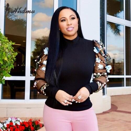 2020 Spring Latest Style Elegant Embroidery Print Daily Mature Patchwork Turtleneck Full Sleeve Women Slim Joker Regular Tees