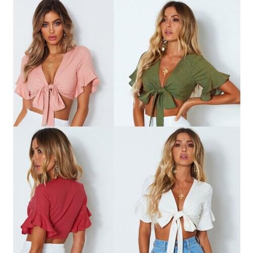 T Shirt Women Summer 2021 New Sexy Hot Style Bow Deep v-neck T-shirt Show Thin short-sleeved Tshirts WSL2726