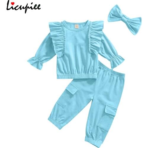 1-5 Years 3 Pcs Infant Solid Color Outfits, Girls Long Sleeve Round Neck Ruffle Pullover + Trousers Pockets + Bowknot Headband