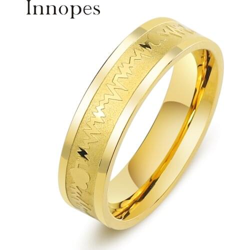 Innopes ECG Ring Stainless Steel Mood Ring Promise Heartbeat Wedding gold Ring Fashion Couple Jewelry for Men Women
