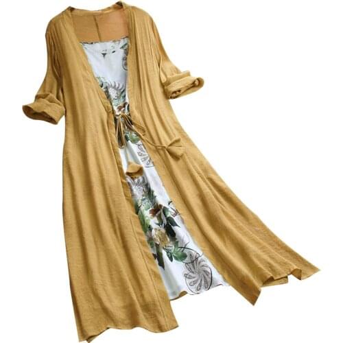 2Pcs/Set Plus Size Lady Flower Print Cotton Linen Sleeveless Dress with Cardigan Hot apparel Women summer Elegant Dresses