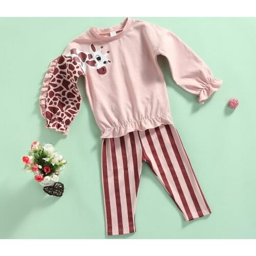 2 Pcs Infant Casual Outfits, Baby Girls Giraffe/Candy Print Long Sleeve Round Neck Pullover + Color Block Striped Pants