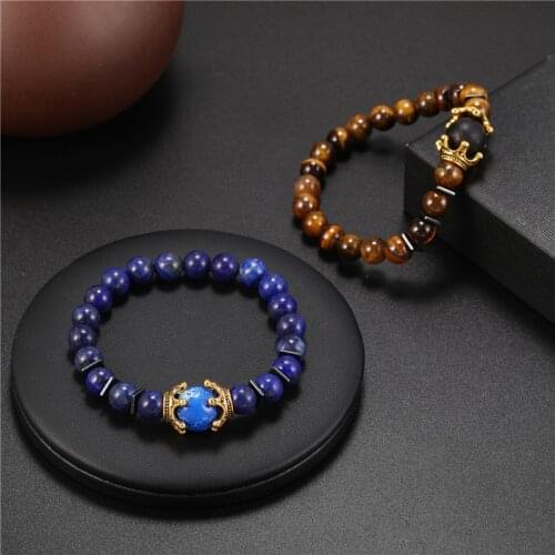 2020 Charm Bracelet Homme Fashion Crown Tiger Eye Stone Bead Bracelets Jewelry Male Pulseira Bileklik