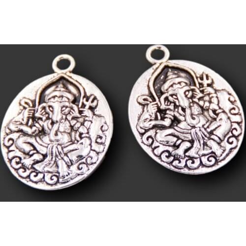 WKOUD 5pcs Silver Color 28*21mm Elephant God Pendant - *Ganesha* God Of Wealth Charm - Amulet Double-sided Buddha Pendant A198