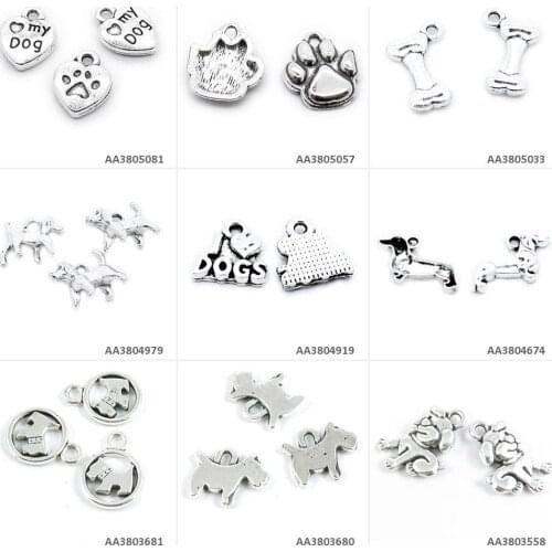 Antique Silver Jewelry Making Charms Chinese Zodiac Dog Bulldog Puppy Tag Signs Dachshund Love My Dogs Bone Foot Print Beading