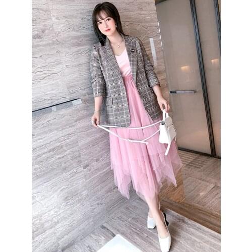 Color contrast Plaid three dimensional badge symmetrical bag cover suit coat 2021 Spring new