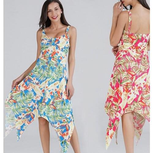 European And American Printed Sling V-neck Dress YANQINGHUAN 2018 Summer Noble Temperament Fashion Irregular Sexy Womens Dress