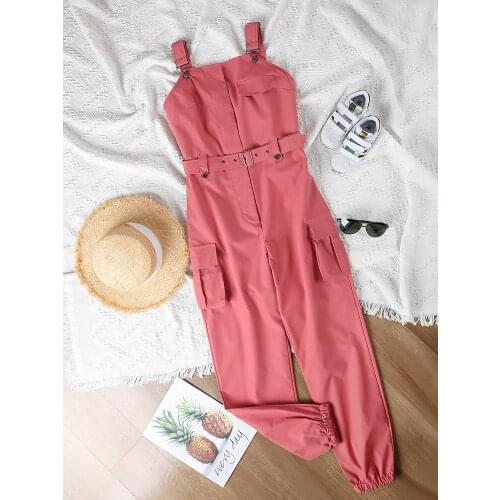 Jumpsuit women Casual Playsuit SleevelessLoose Preppy Style Pants with Belt Elegant Casual Pocket Overalls Playsuits Комбинезоны