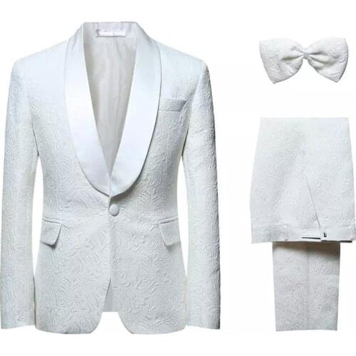 Hot Selling Fashion Wedding Suits Colour White Three Pieces (Jacket+Pant+Bow Tie) Side Vent Print Bridegroom Formal Wears