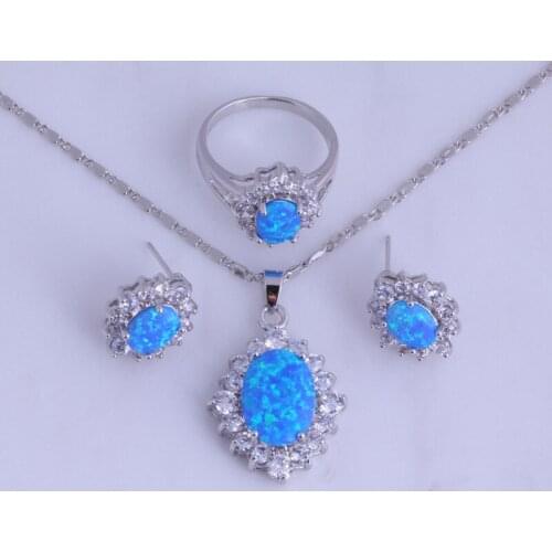 Love Monologue Pretty Blue Silver Color Imitation Fire Opal Jewelry Sets for Wedding Ring Size 5 / 6 / 7 / 8 / 9 H0297